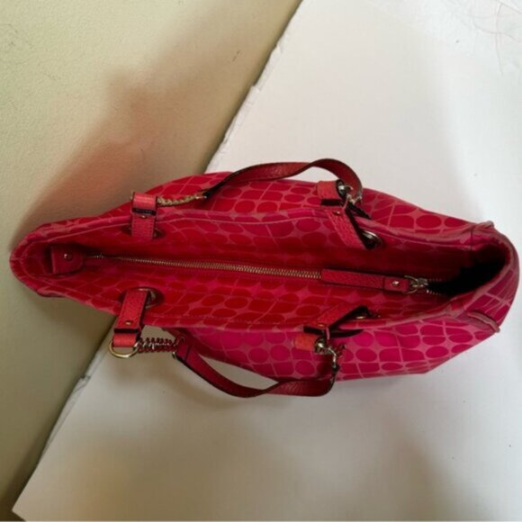 Kate Spade Pink Jacquard Pink Canvas Chain Strap Tote Shoulder Bag Leather Print - Picture 10 of 16